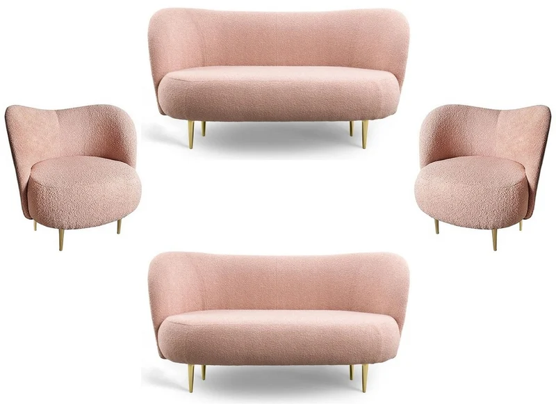 Casa Padrino Luxus Wohnzimmer Set Rosa / Gold - 2 Luxus Sofas mit gebogener Rückenlehne & 2 Luxus Sessel mit gebogener Rückenlehne - Luxus Einrichtung - Wohnzimmer Möbel - Luxus Möbel