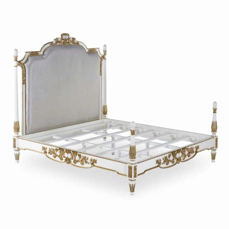 Casa Padrino Luxus Barock Doppelbett Weiß / Gold / Silbergrau - Barockstil Schlafzimmer Möbel