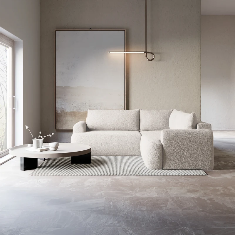 Ecksofa mit Schlaffunktion, L-förmig, universell, cremefarben, Bouclé-Stoff, Modell Ovo