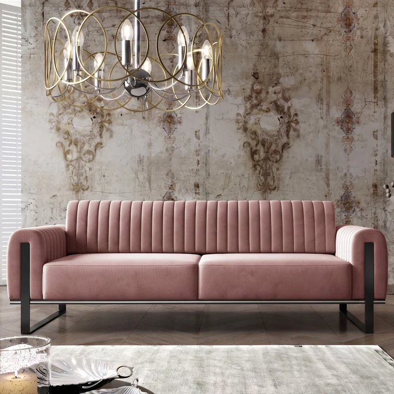 Dreiersofa Parissa, rosa Samt, schwarze Beine