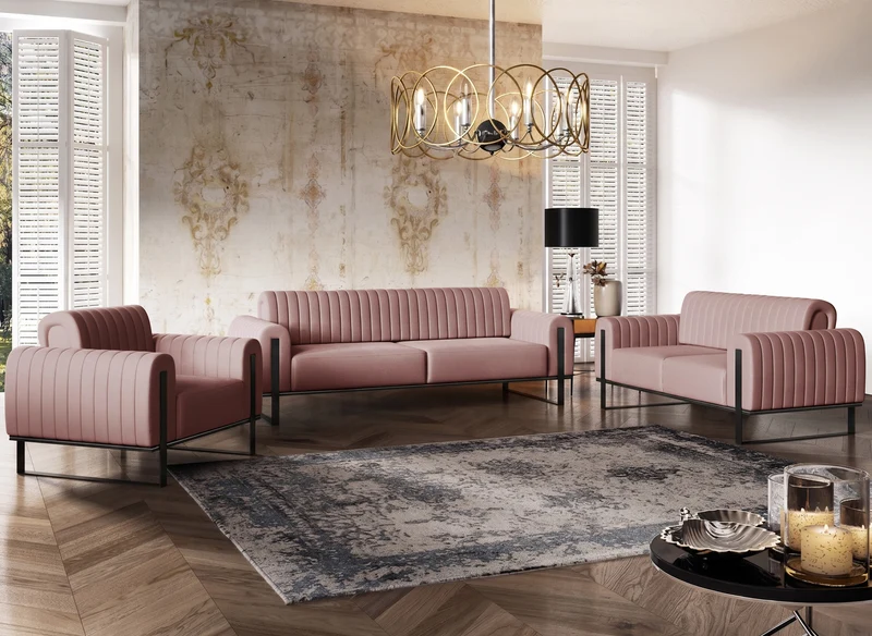 Zweisitziges Sofa Parissa, rosa Samt, schwarze Beine