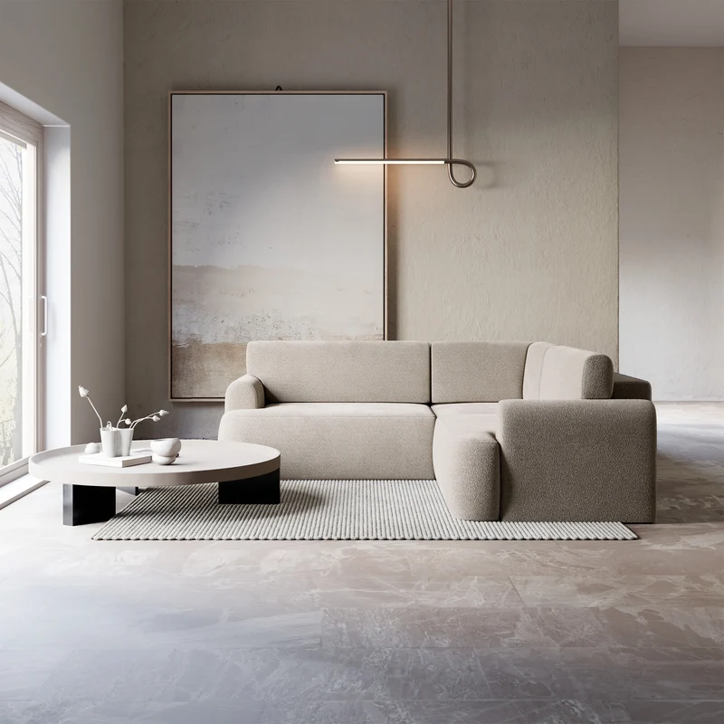 Ecksofa mit Schlaffunktion, Kaveo, L-förmig, universell, grau-beige Chenille
