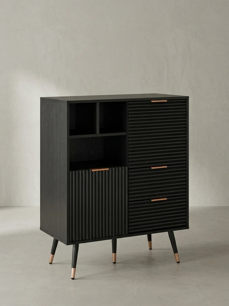 Sideboard – Schwarz/Eiche-Dekor, 77x97x40 cm, mit Türen, Schubladen, Regal, Metallbeine