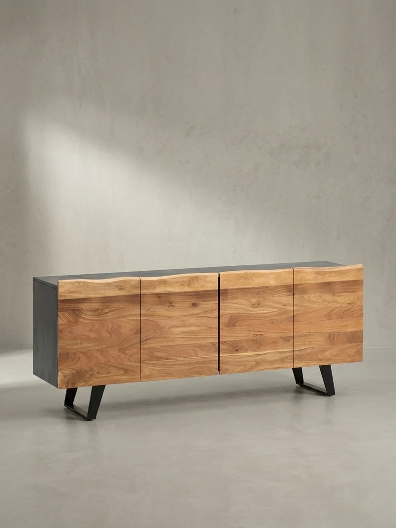 Sideboard – Akazie Massivholz, 180x75x45 cm, mit Baumkante, Türen, Metallbeine