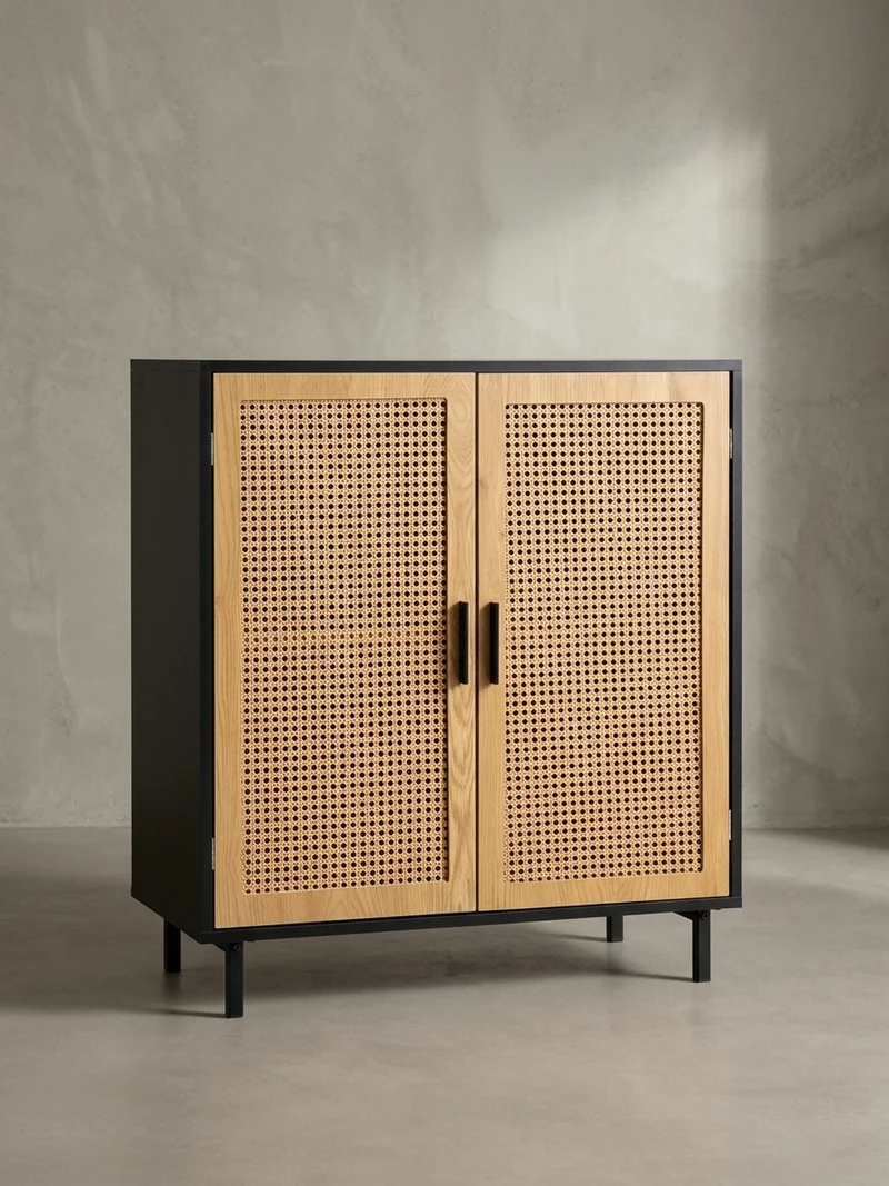 Sideboard – Schwarz, 80x86,5x40 cm, mit Wiener Geflecht, 2 Türen, hoch