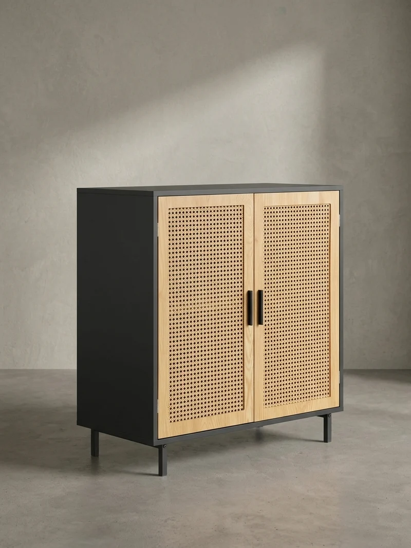Sideboard – Schwarz, 80x86,5x40 cm, mit Wiener Geflecht, 2 Türen, hoch