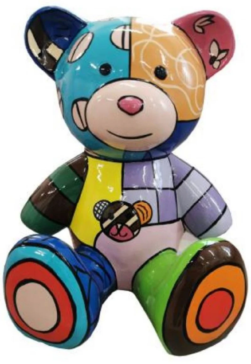 Casa Padrino Luxus Designer Dekofigur Teddybär Bunt 33 x H. 37 cm - Wohnzimmer Deko Figur - Luxus Deko Figur - Designer Deko Figur - Luxus Accessoires
