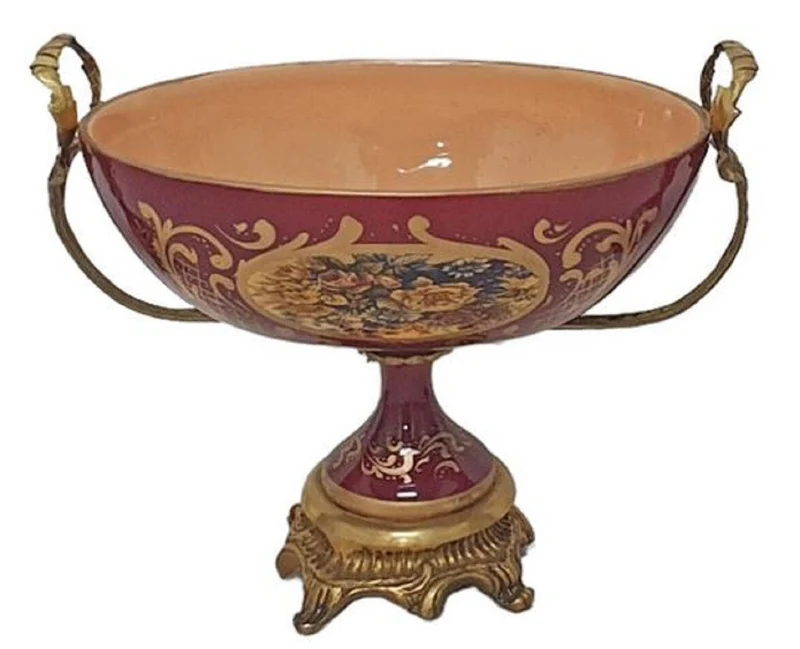 Casa Padrino Barock Deko Keramik Vasen Set mit Schale Rot / Mehrfarbig / Messing - Prunkvolle Deko im Barockstil - Barock Möbel - Barock Deko Accessoires - Edel & Prunkvoll