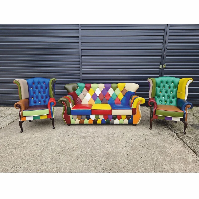 Casa Padrino Luxus Chesterfield Leder 3er Sofa Bunt / Dunkelbraun 200 cm - Patchwork Echtleder Möbel