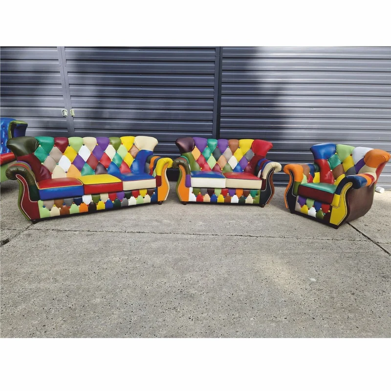 Casa Padrino Luxus Chesterfield Leder 3er Sofa Bunt / Dunkelbraun 200 cm - Patchwork Echtleder Möbel