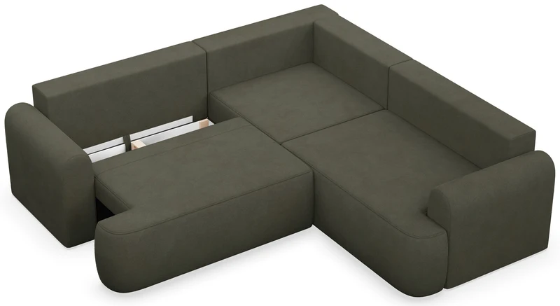 Ecksofa mit Schlaffunktion, Ovo, L-förmig, universell, olivgrüner, leicht zu reinigender Samtbezug