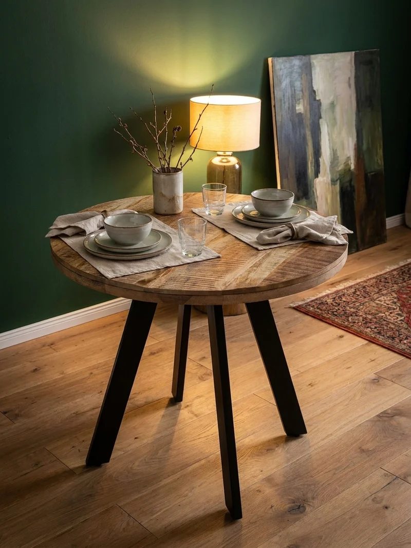 Esszimmertisch – Rund Mango Massivholz 80x80x75 cm Metallbeine Modern