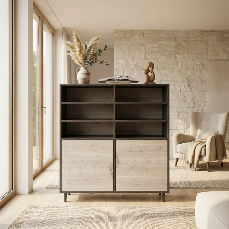 Highboard Eiche Rustikal - Schwarz/Weiss geölt 120cm