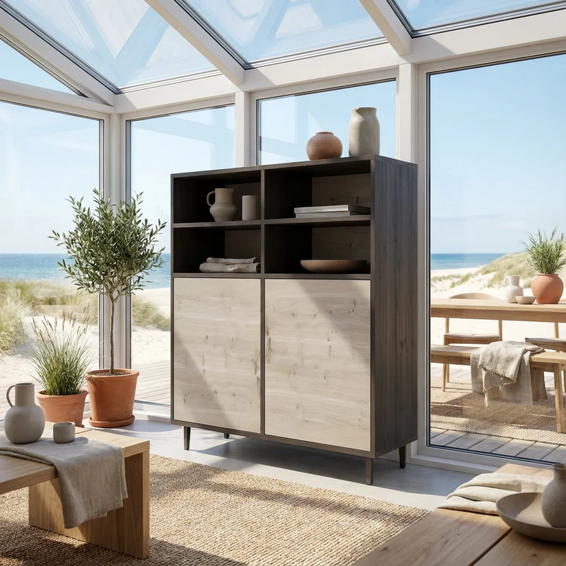 Highboard Eiche Rustikal - Schwarz/Weiss geölt 120cm