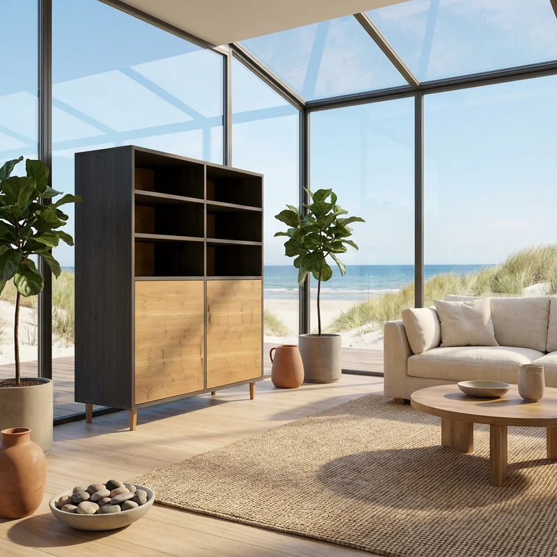 Highboard Eiche Rustikal - Natur/Schwarz geölt 120cm