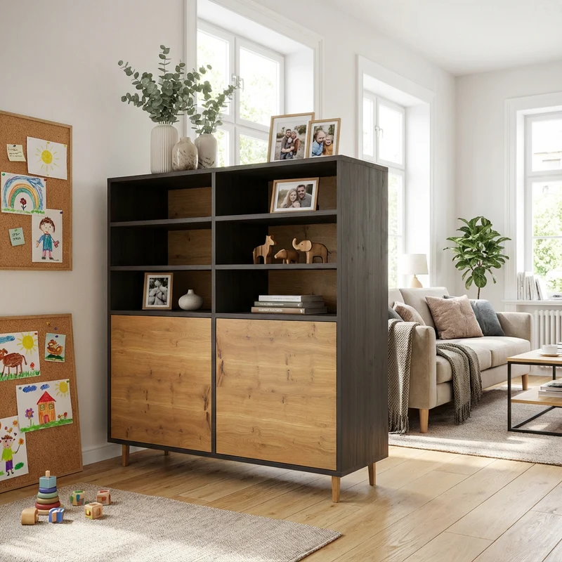 Highboard Eiche Rustikal - Natur/Schwarz geölt 120cm