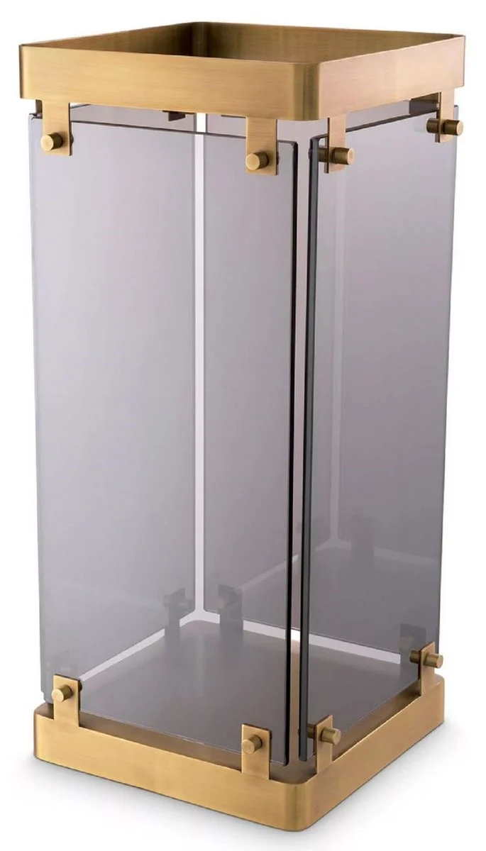 Casa Padrino Luxus Schirmständer Antik Messing / Grau 29,5 x 29,5 x H. 60,5 cm - Metall Regenschirm Ständer mit getöntem Glas - Hotel & Restaurant Accessoires - Luxus Accessoires