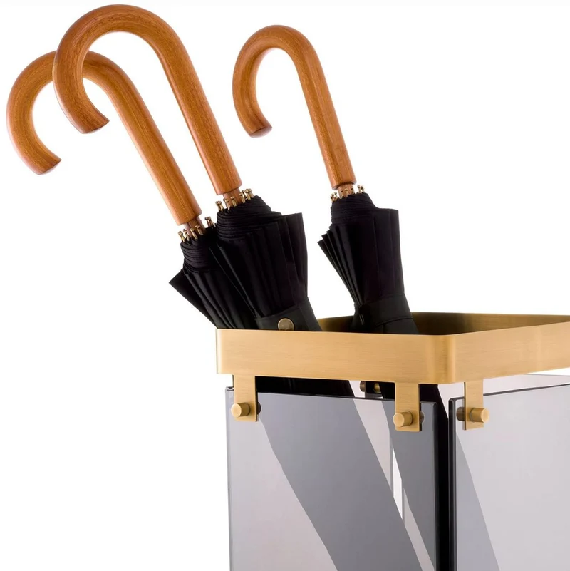 Casa Padrino Luxus Schirmständer Antik Messing / Grau 29,5 x 29,5 x H. 60,5 cm - Metall Regenschirm Ständer mit getöntem Glas - Hotel & Restaurant Accessoires - Luxus Accessoires