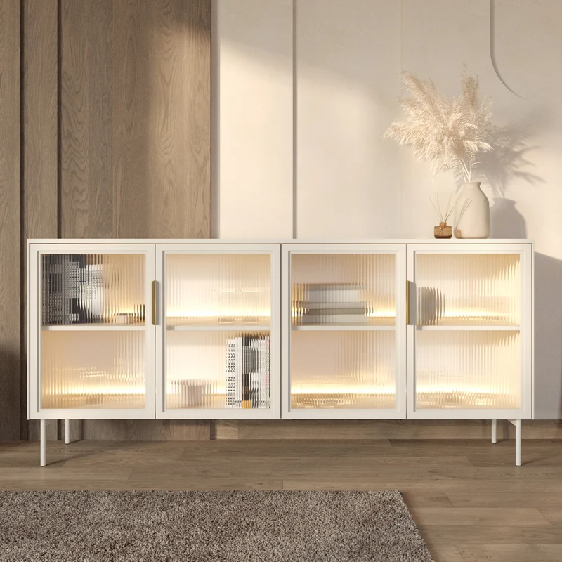 Vierteilige Glaskommode Lumi mit LED-Beleuchtung, 181 cm, Kaschmirfarben