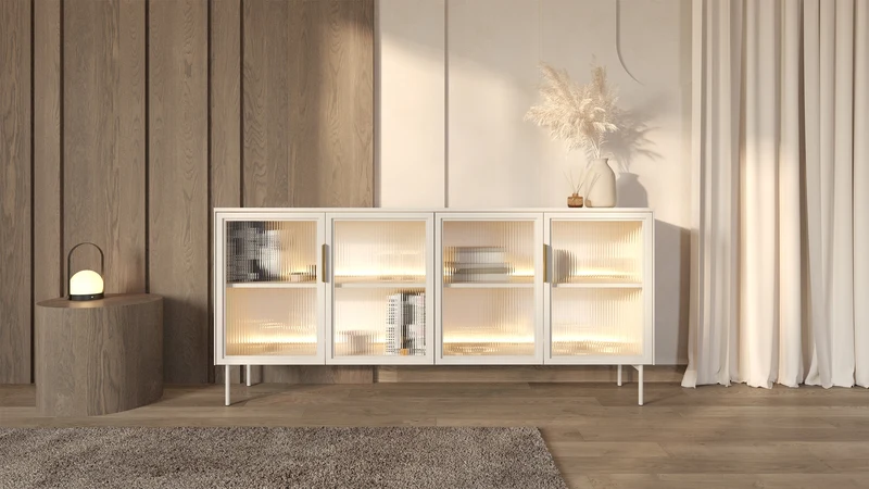 Vierteilige Glaskommode Lumi mit LED-Beleuchtung, 181 cm, Kaschmirfarben