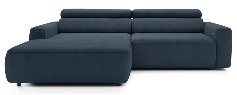 Ecksofa mit elektrischem Auszug Fando, L-förmig, linksseitig, blauer Samtstoff