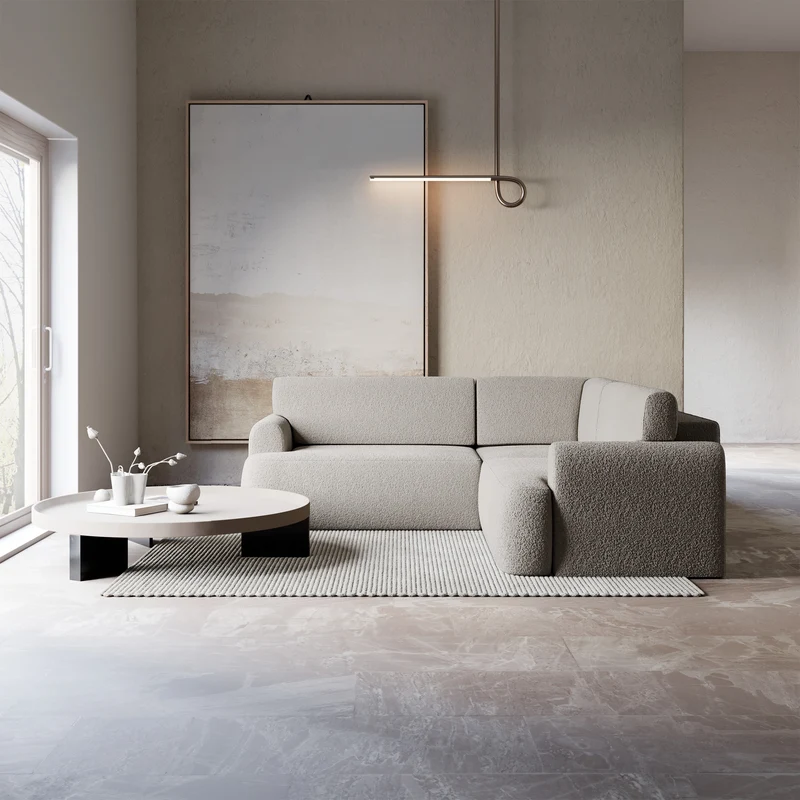 Ecksofa mit Schlaffunktion, Kaveo, L-förmig, universell, beige Plüsch