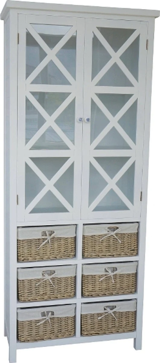 Casa Padrino Landhausstil Vitrine im maritimen Stil Weiß / Naturfarben 86 x 38 x H. 204 cm