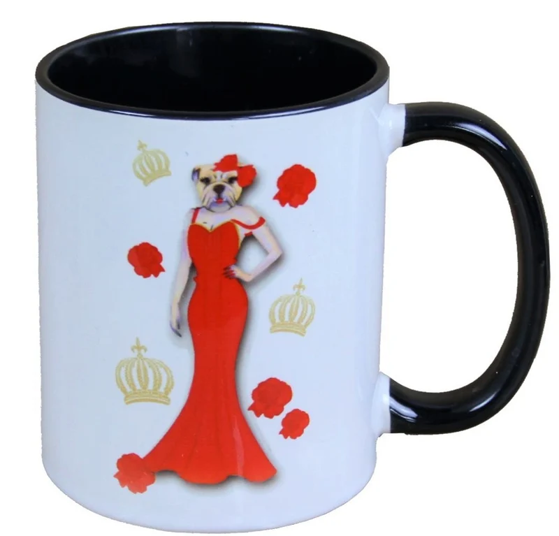 Casa Padrino Luxus Tasse Hund mit rotem Abendkleid von Harald Glööckler Pompöös - 9,5cm x 8,5cm - 320ml
