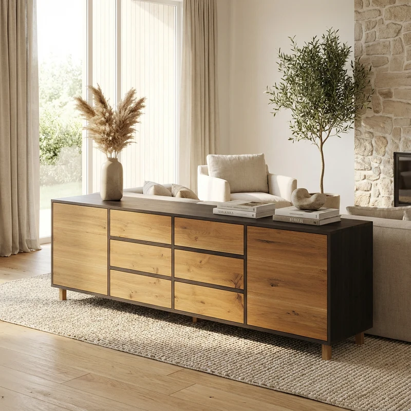 Sideboard Eiche Rustikal - Natur/Schwarz geölt 240cm