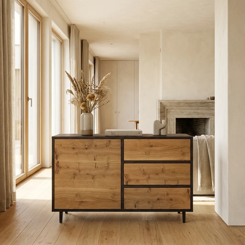 Sideboard Eiche Rustikal - Natur/Schwarz geölt 120cm