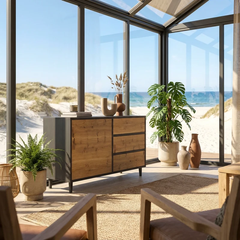 Sideboard Eiche Rustikal - Natur/Schwarz geölt 120cm
