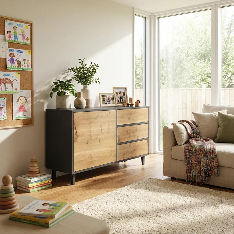 Sideboard Eiche Rustikal - Natur/Schwarz geölt 120cm