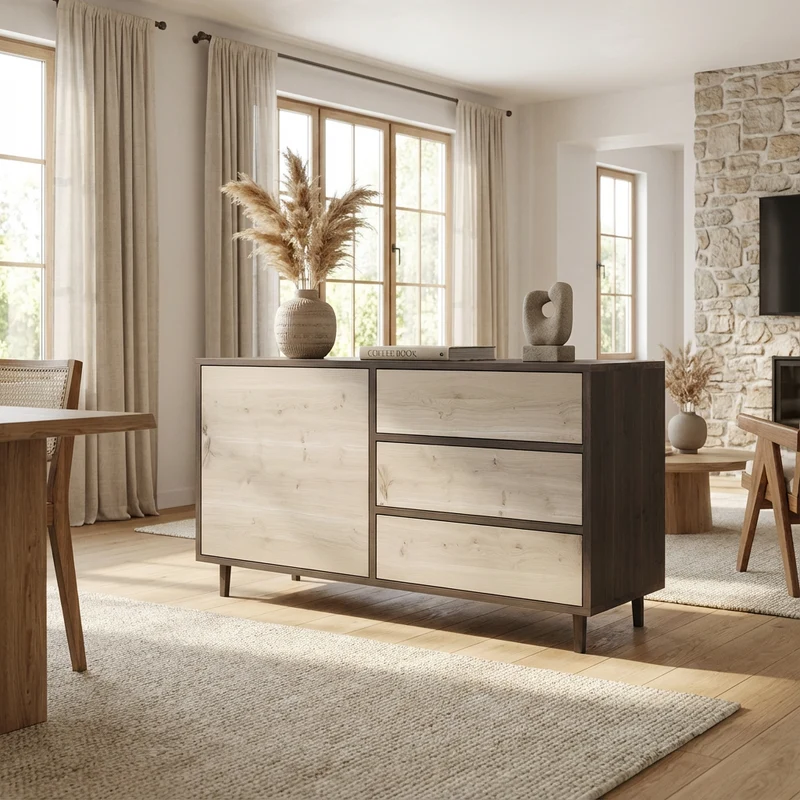 Sideboard Eiche Rustikal - Schwarz/Weiß geölt 120cm