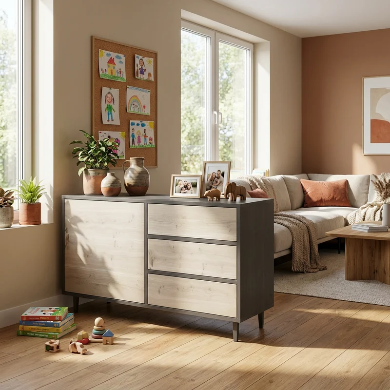 Sideboard Eiche Rustikal - Schwarz/Weiß geölt 120cm
