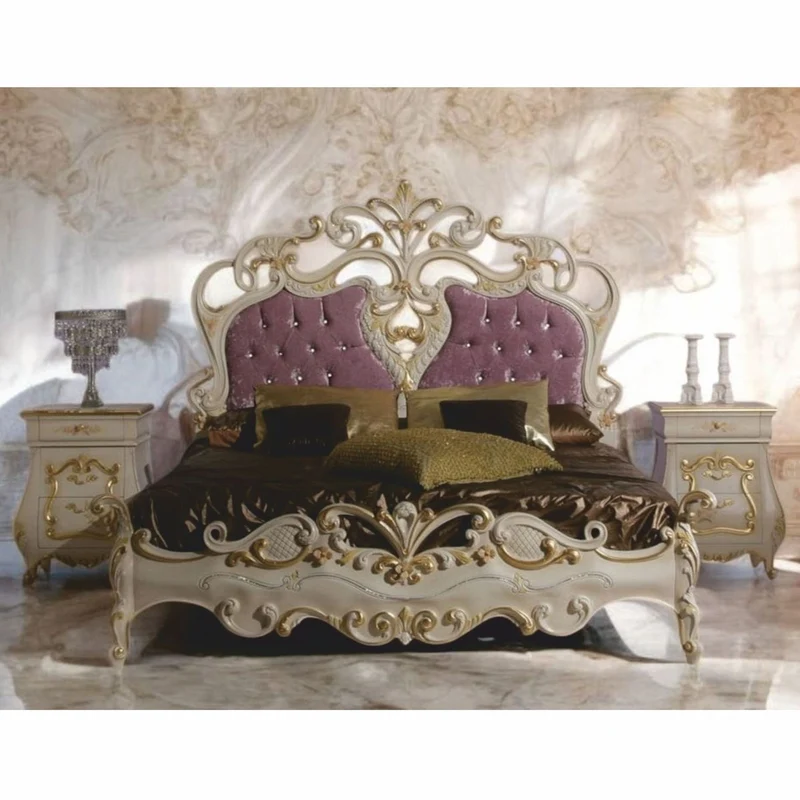 Casa Padrino Luxus Barock Doppelbett mit 2 Nachtkommoden Creme / Gold / Lila - Made in Italy
