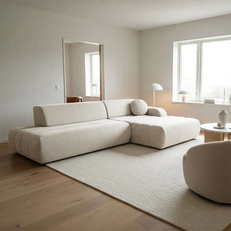 Ecksofa mit Schlaffunktion Arione, L-förmig, rechtsseitig, mit Stauraum, kremfarbener Chenille-Bezug