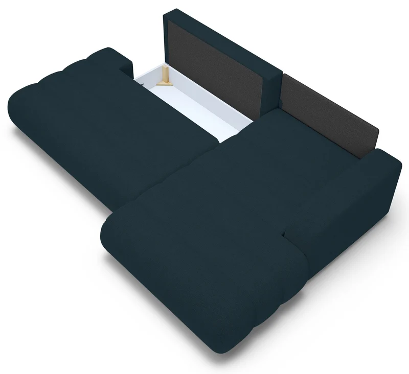 Ecksofa mit Schlaffunktion Arione, L-förmig, rechtsseitig, mit Stauraum, blauer Chenille-Bezug