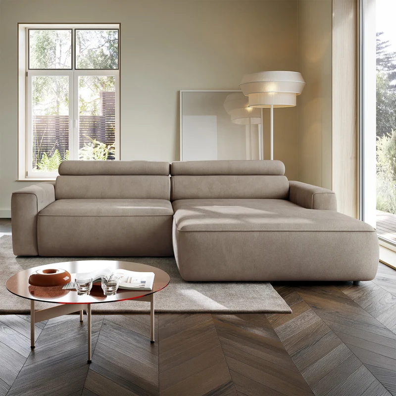 Ecksofa mit elektrischem Auszug Fando, L-förmig, rechtsseitig, beige Samt