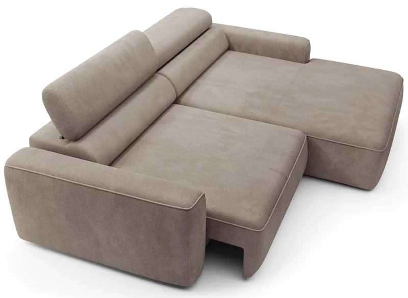 Ecksofa mit elektrischem Auszug Fando, L-förmig, rechtsseitig, beige Samt