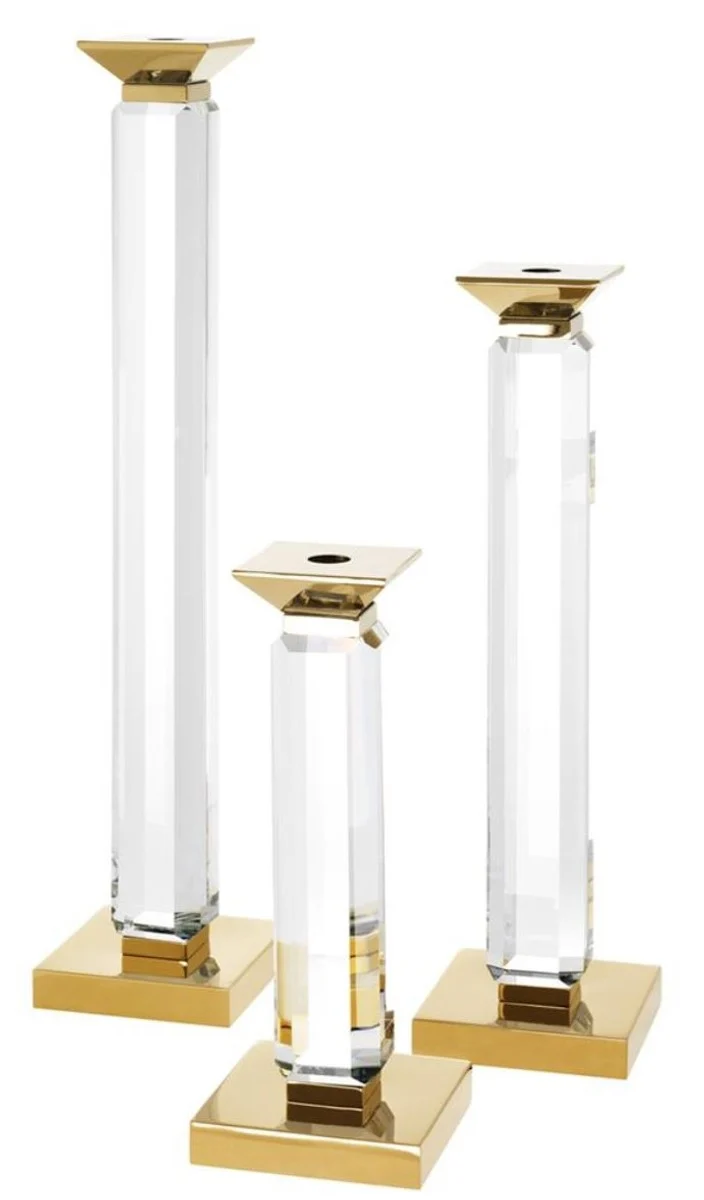 Casa Padrino Luxus Kerzenhalter 3er Set Gold - Kristallglas Accessoires - 12 x 12 x H. 30/43/57 cm