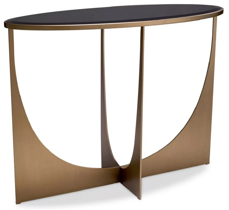 Casa Padrino Luxus Konsole Messing / Schwarz 101,5 x 41,5 x H. 78,5 cm - Ovaler Edelstahl Konsolentisch mit Glasplatte - Luxus Möbel - Wohnzimmer Möbel - Luxus Einrichtung - Wohnzimmer Einrichtung