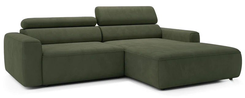 Ecksofa mit elektrischem Auszug Fando, L-förmig, rechtsseitig, salbeigrüner Samtvelours