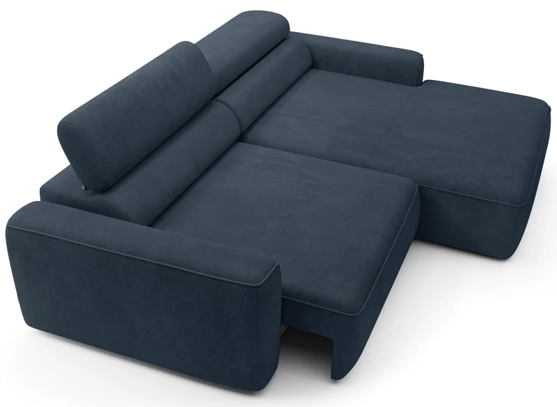 Ecksofa mit elektrischem Auszug Fando, L-förmig, rechtsseitig, blauer Samt
