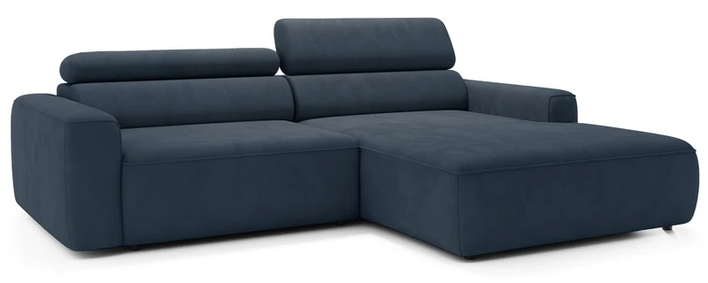 Ecksofa mit elektrischem Auszug Fando, L-förmig, rechtsseitig, blauer Samt