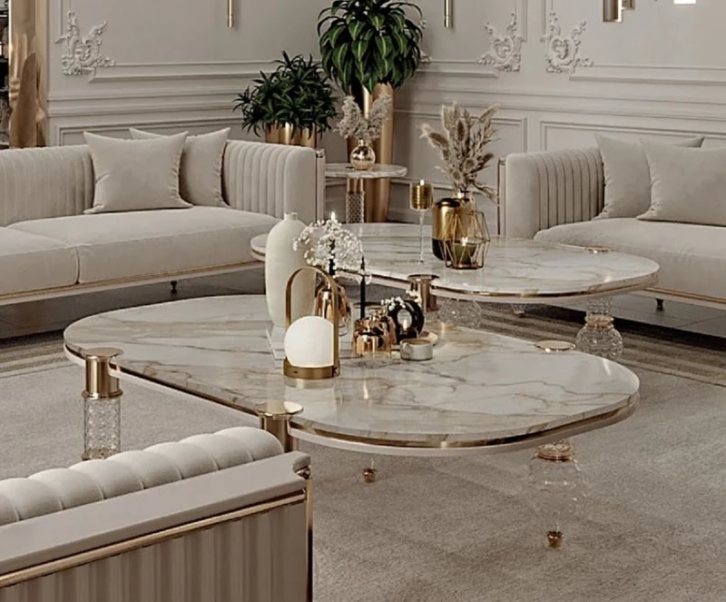 Casa Padrino Luxus Art Deco Couchtisch Weiß / Grau / Gold 160 x 91 x H. 49 cm - Wohnzimmertisch mit edler Kunstmarmor Tischplatte - Art Deco Wohnzimmer Möbel - Luxus Wohnzimmer Möbel