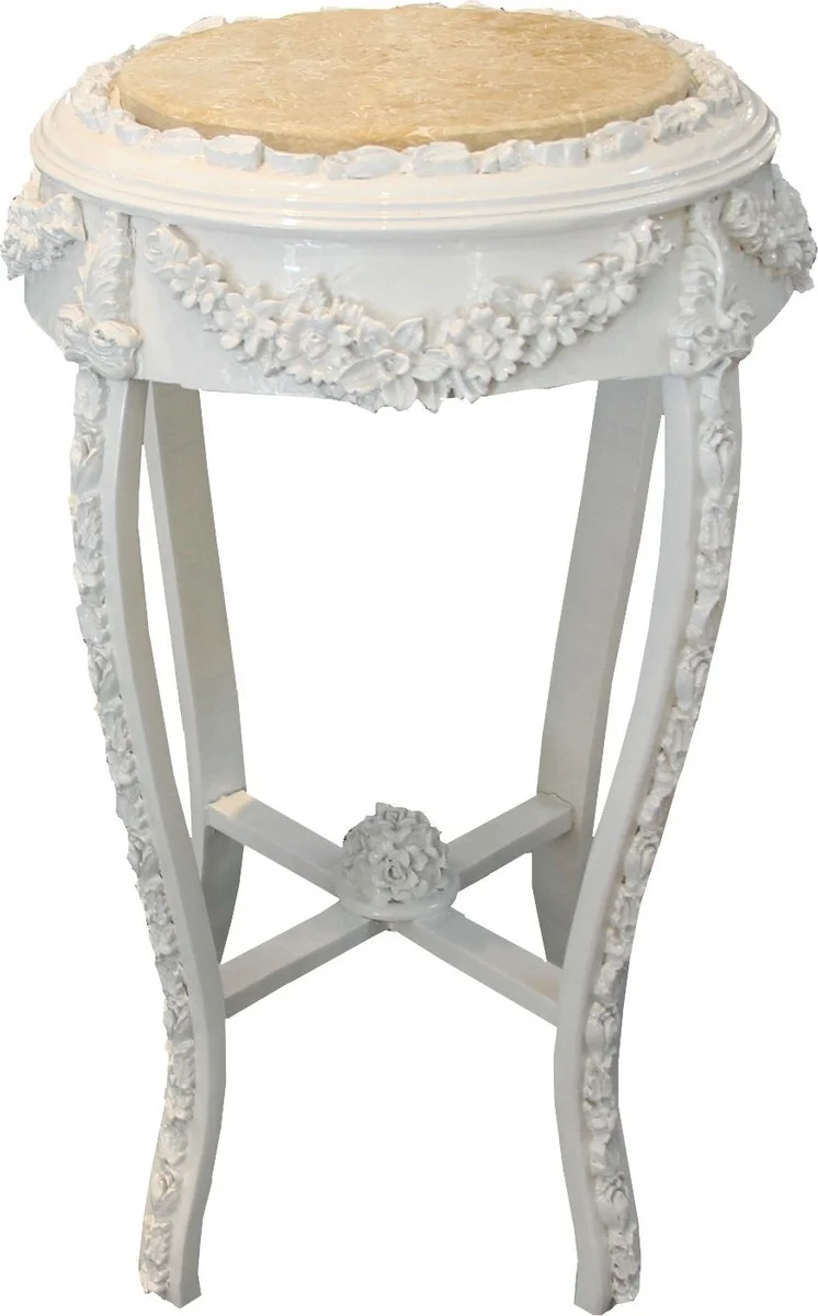 Casa Padrino Barock Beistelltisch Rund "Flowers Mod2" Weiß/Creme Antik Look - 71 x 42 cm