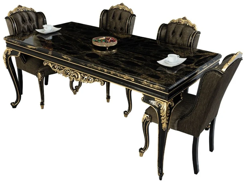 Casa Padrino Luxus Barock Esszimmer Set Schwarz / Gold - 1 Esszimmertisch & 6 Esszimmerstühle - Edle Barock Esszimmer Möbel - Edel & Prunkvoll