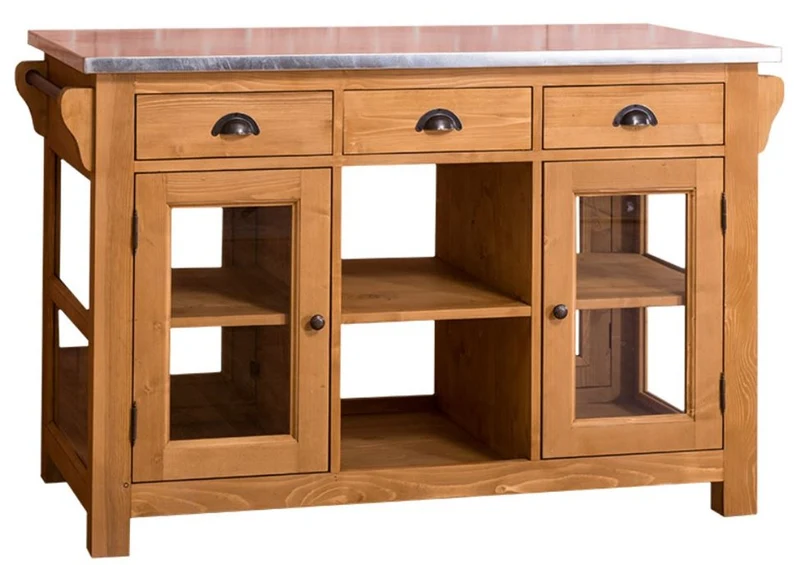 Casa Padrino Landhausstil Kücheninsel mit zerzinkter Arbeitsplatte Naturfarben / Silber 135 x 65 x H. 90 cm - Landhausstil Küchenschrank mit 4 Glastüren und 6 Schubladen