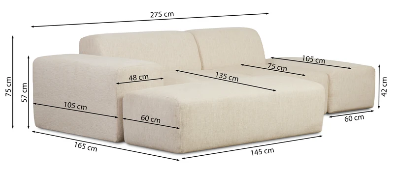 Modulares Ecksofa Pyllomi, L-förmig mit Hocker, cremefarbenes Geflecht