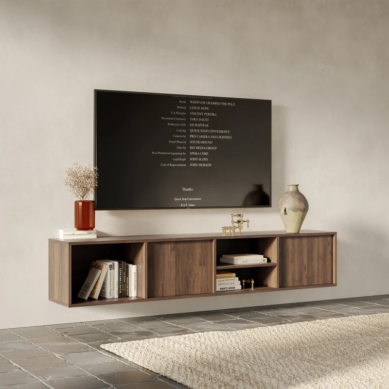 Hängender zweiflügeliger TV-Schrank Sanva mit drei Fächern, 200 cm, Walnuss Warmia